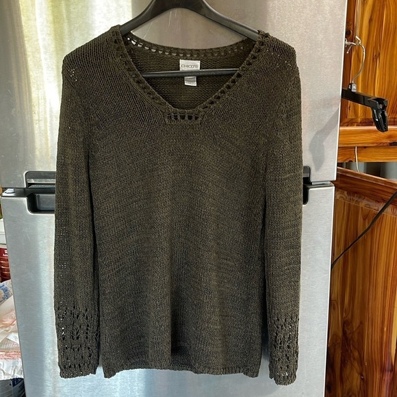 Chico's women’s size 1 (M) brown crochet sweater with sleeve and v-neck detail - Picture 1 of 11